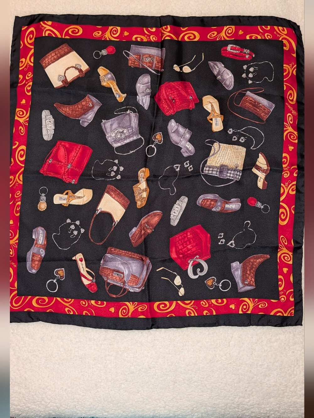 Brighton 100% Silk Scarf Black Red Multi 21" EUC